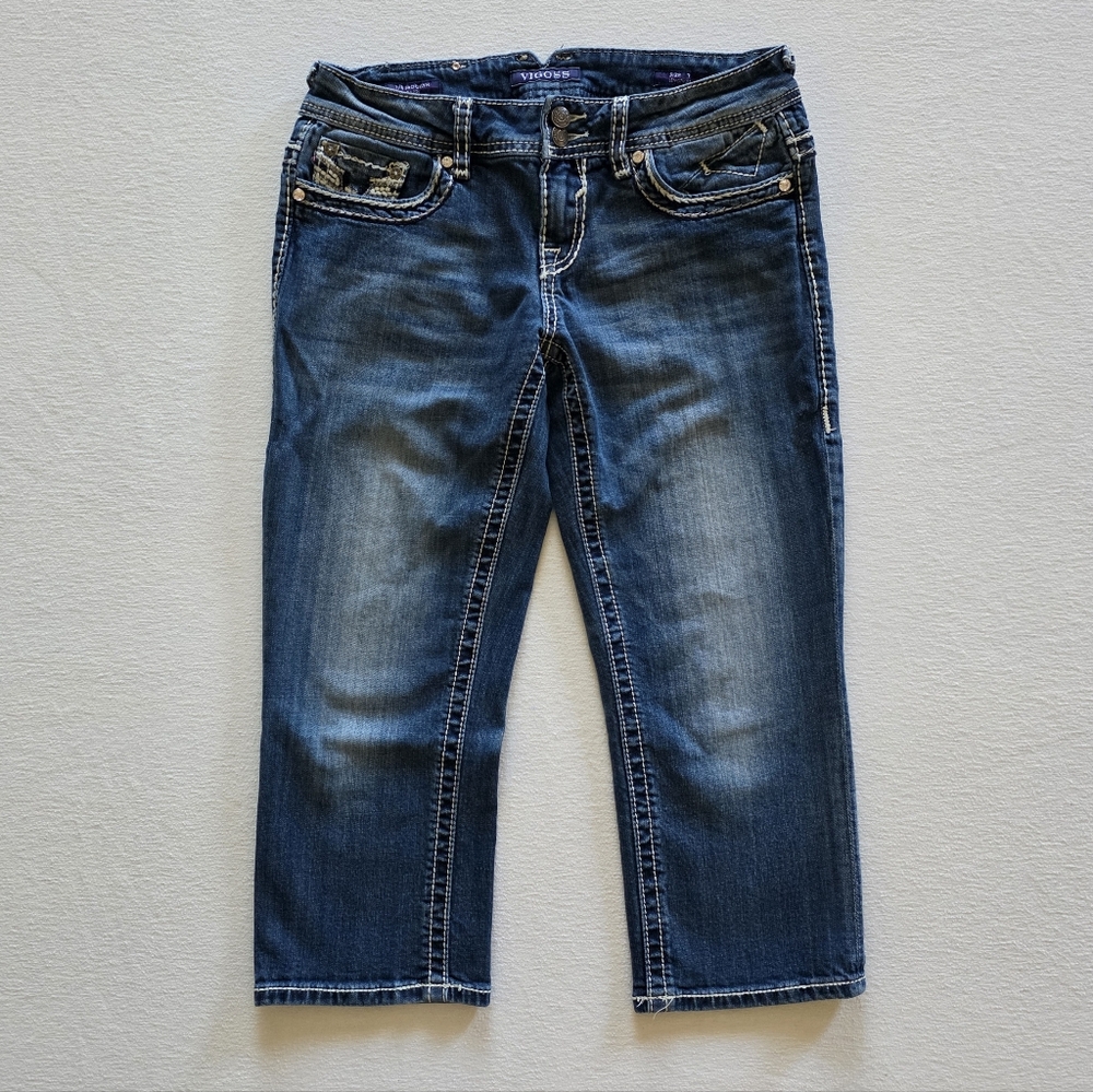 Vigoss The Brooklyn Capri With Thick White Arrow Stitching Low Rise Cotton Denim